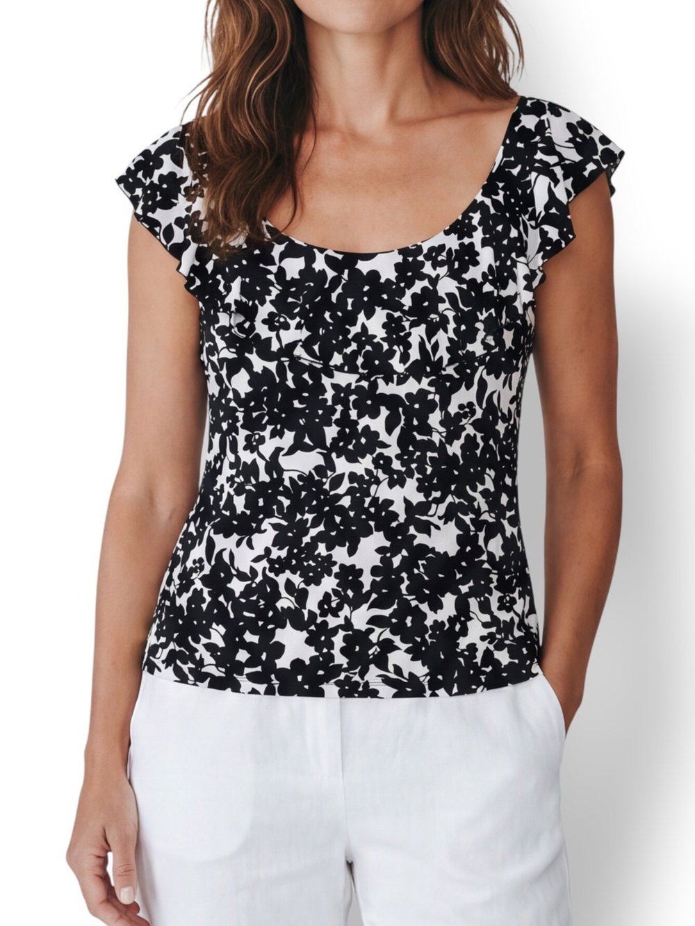 4/$20 Chaps Black White Floral Ruffle Scoop Neck Short Sleeve Top Medium